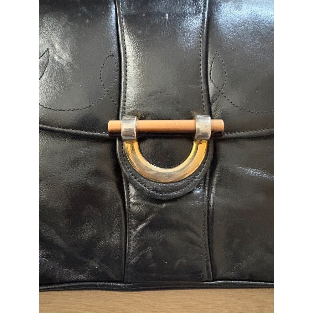 Vintage Black Leather Clutch Shoulder Bag Gold Tone Metal Clasp Flap Style - Picture 2 of 7
